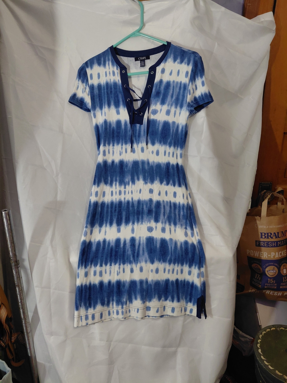 Chaps Navy & White Tie-Dye Lace-Up Midi Dress - Picture 3 of 11